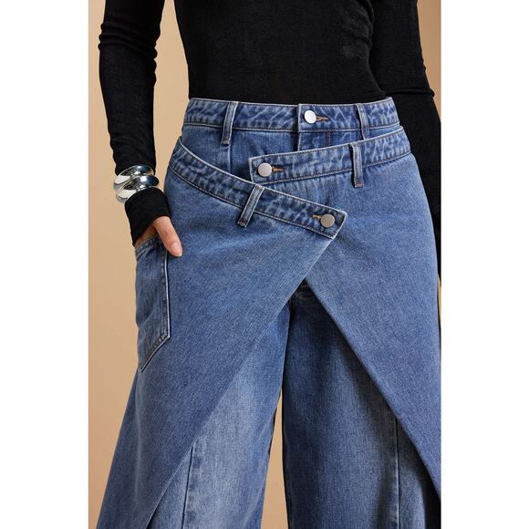 NWT Womens Y2K Asymmetrical Wrap Waist Extra Wide Leg Jnco Style Jeans Sz L - Picture 4 of 11